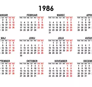 Koledar za leto 1986