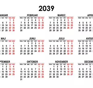 Koledar za leto 2039